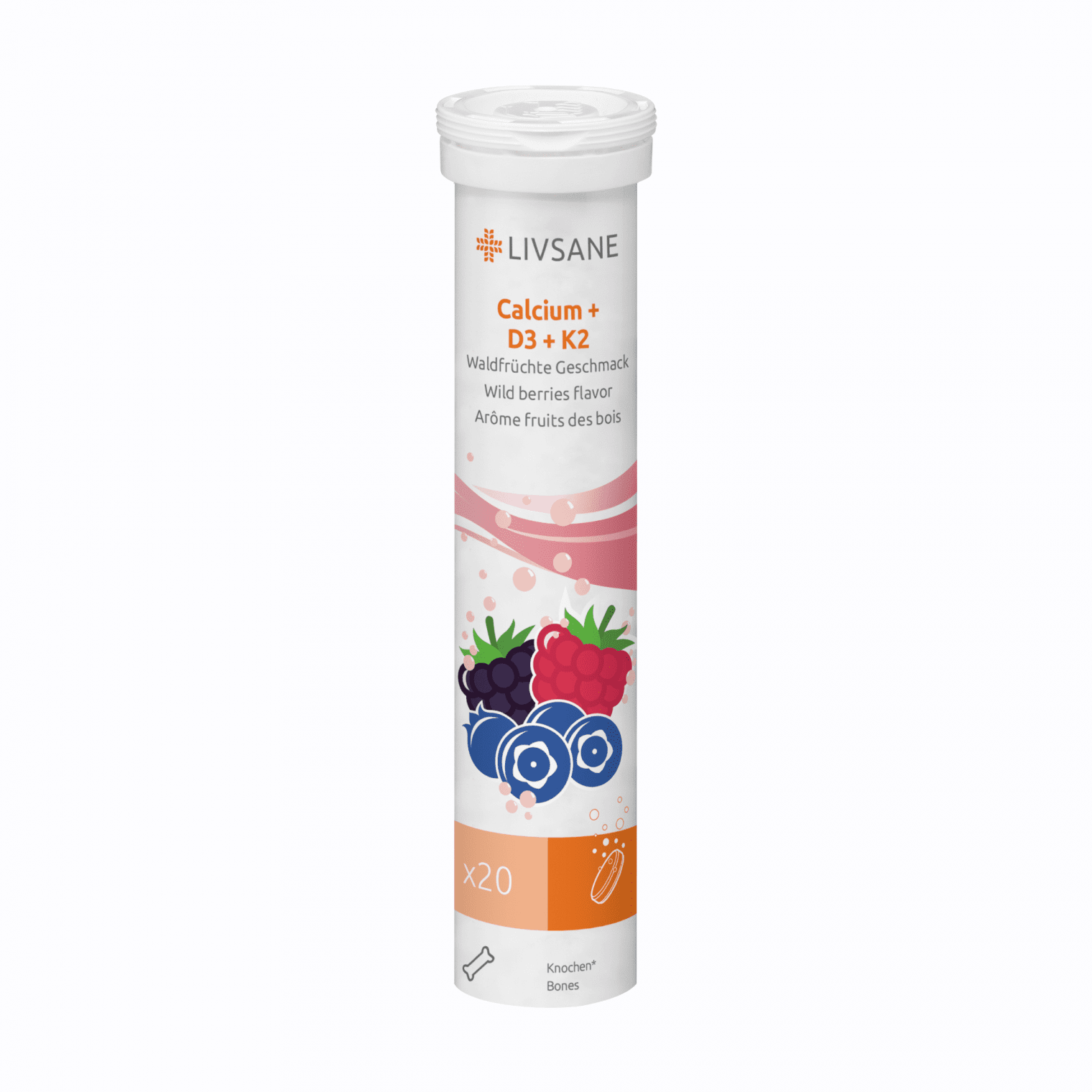 LIVSANE kalcio šnypščiosios tabletės CALCIUM + D3 + K2, N20
