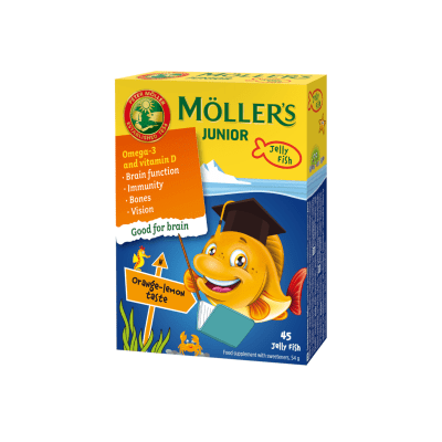 MOLLERS OMEGA-3Junior apelsinų/citrinų skonio kramtomos žuvelės, N45