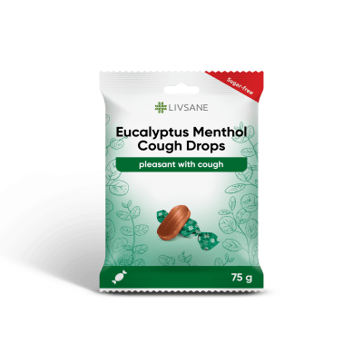 LIVSANE eukalipto ir mentolio skonio ledinukai, be cukraus 75 g