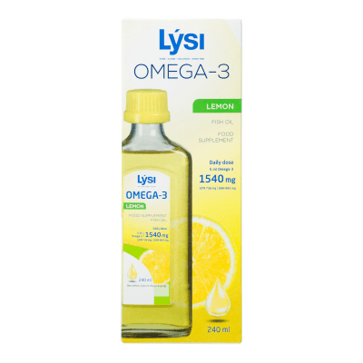 LYSI OMEGA-3 žuvų taukai citrinų skonio 240 ml