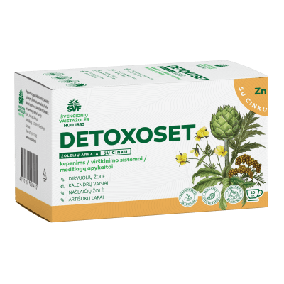 ŠVENČIONIŲ VAISTAŽOLĖS virškinimui, kepenims, medžiagų apykaitai DETOXOSET, žolelių arbata, 2 g x 20 vnt.