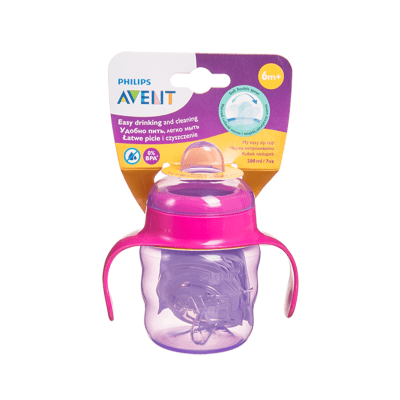 PHILIPS AVENT neišsiliejantis puodelis su silikoniniu snapeliu ir rankenėlėmis, rausvas, SCF551/03, 200 ml