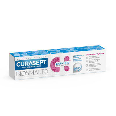 CURASEPT BIOSMALTO braškių skonio dantų pasta BABY - KID, 3 mėn. - 6 m., 50 ml