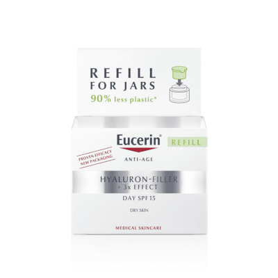 EUCERIN Hyaluron-Filler +3x Effect dieninis kremas SPF 15 sausai odai su hialurono rūgštimi, papildymo pakuotė, 50 ml