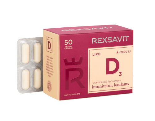 REXSAVIT liposominis vitaminas D3 2000 IU, kietosios kapsulės N50