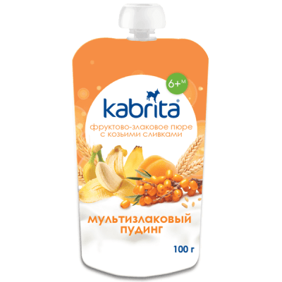 Kabrita vaisinė tyrelė su grūdais ir ožkų pieno grietinėle "Daugiagrūdis pudingas" vaikams nuo 6 mėn.100g