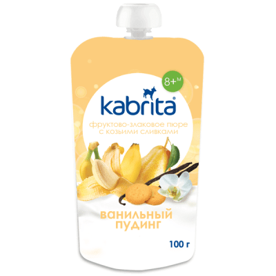 Kabrita vaisinė tyrelė su grūdais ir ožkų pieno grietinėle „Vanilinis pudingas“ vaikams nuo 8 mėn. 100g.