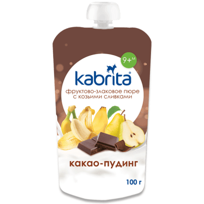 Kabrita Vaisinė tyrelė su grūdais ir ožkų pieno grietinėle „Kakavinis pudingas“ vaikams nuo 9 mėn. 100g.