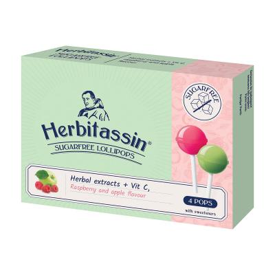 HERBITASSIN becukriai ledinukai Herbal extracts + Vit C, aviečių ir obuolių skonio N4