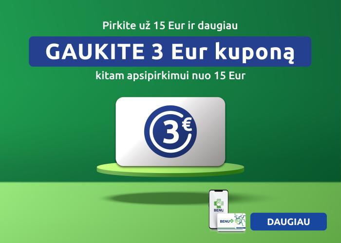 Pirkite už 15 Eur ir daugiau – gaukite 3 Eur kuponą kitam apsipirkimui nuo 15 Eur