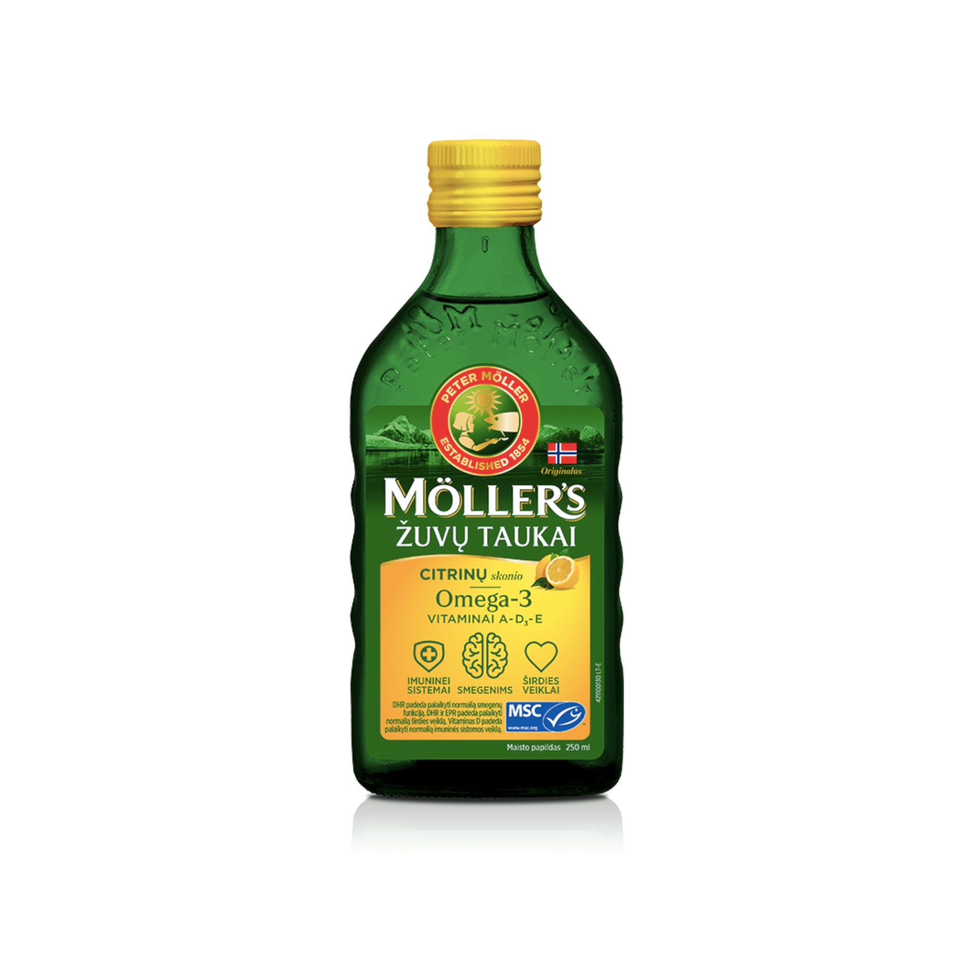 Möller's skysti žuvų taukai citrinų skonio 250 ml Möller's skysti žuvų taukai citrinų skonio 250 ml