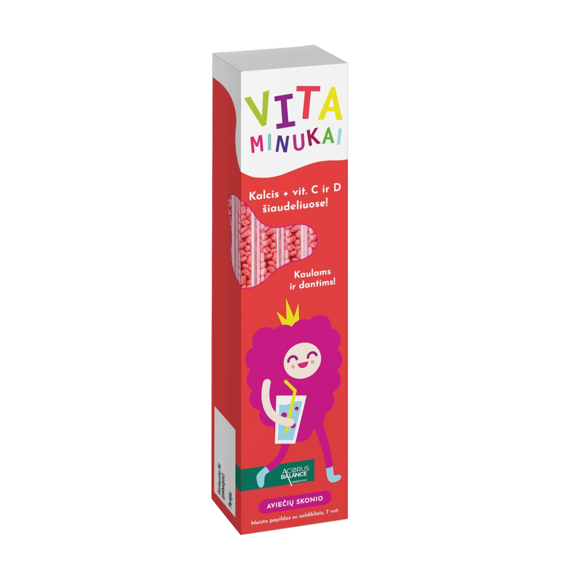 ACORUS BALANCE kalcis + vitaminas D VITAMINUKAI, aviečių skonio granulės šiaudeliuose 5,2 g x 7