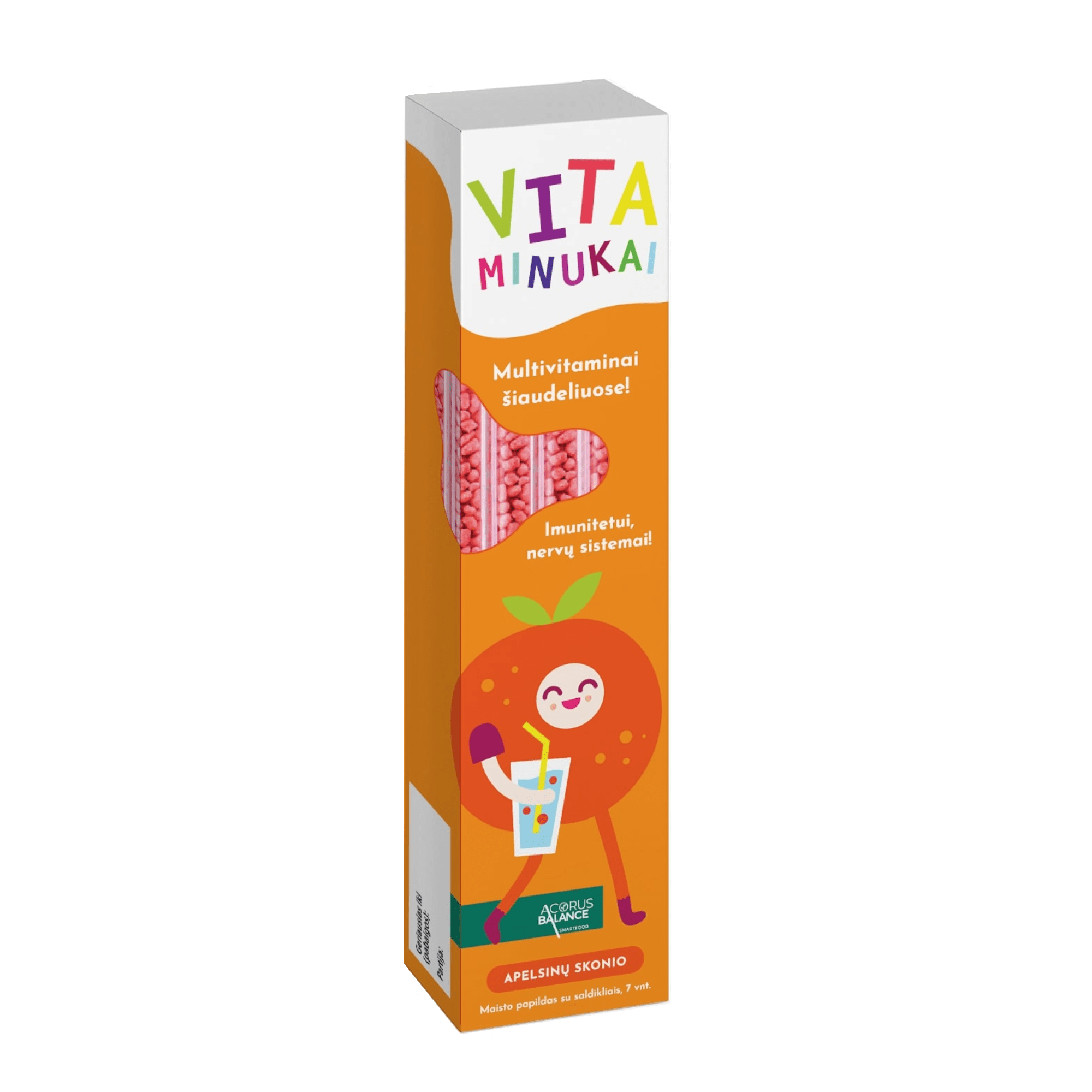 ACORUS BALANCE multivitaminai VITAMINUKAI, apelsinų skonio granulės šiaudeliuose 5,2 g x 7