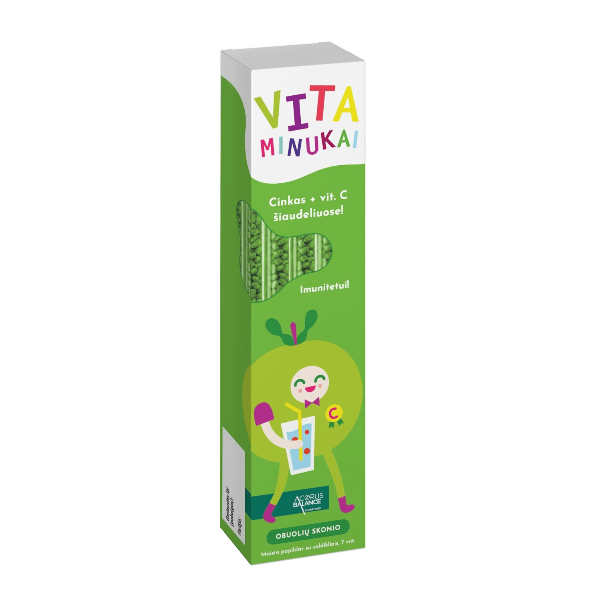 ACORUS BALANCE vitaminas C + cinkas VITAMINUKAI, obuolių skonio granulės šiaudeliuose 5,2 g x 7