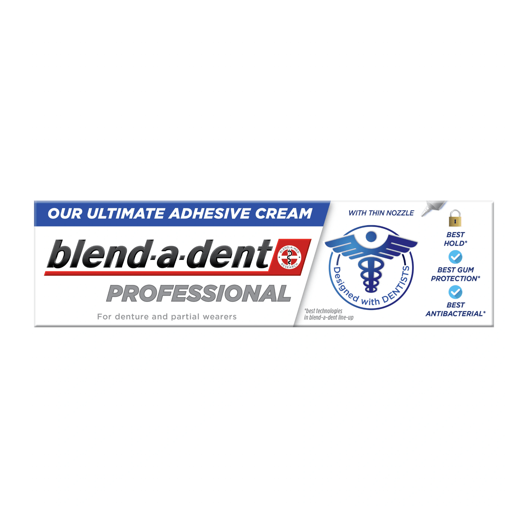 BLEND A DENT ypač stiprus fiksuojamasis protezų kremas PROFESSIONAL 40 ml BLEND A DENT ypač stiprus fiksuojamasis protezų kremas PROFESSIONAL 40 ml