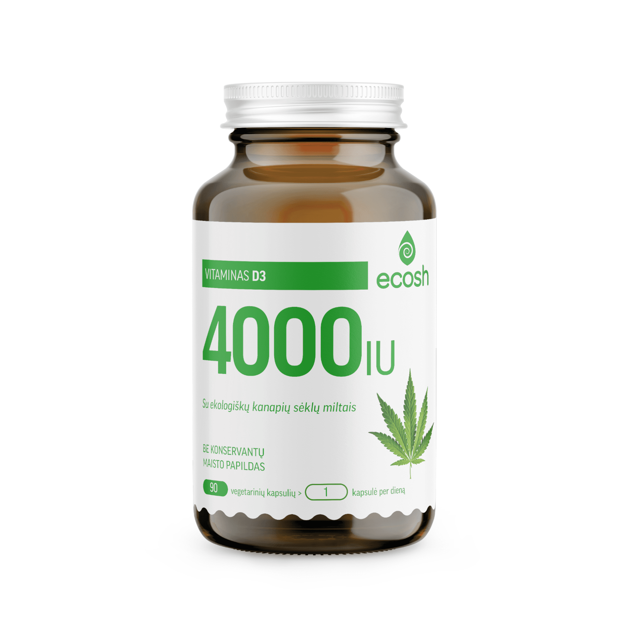 ECOSH vitaminas D3 4000TV kapsulės su ekologiškų kanapių sėklų miltais N90