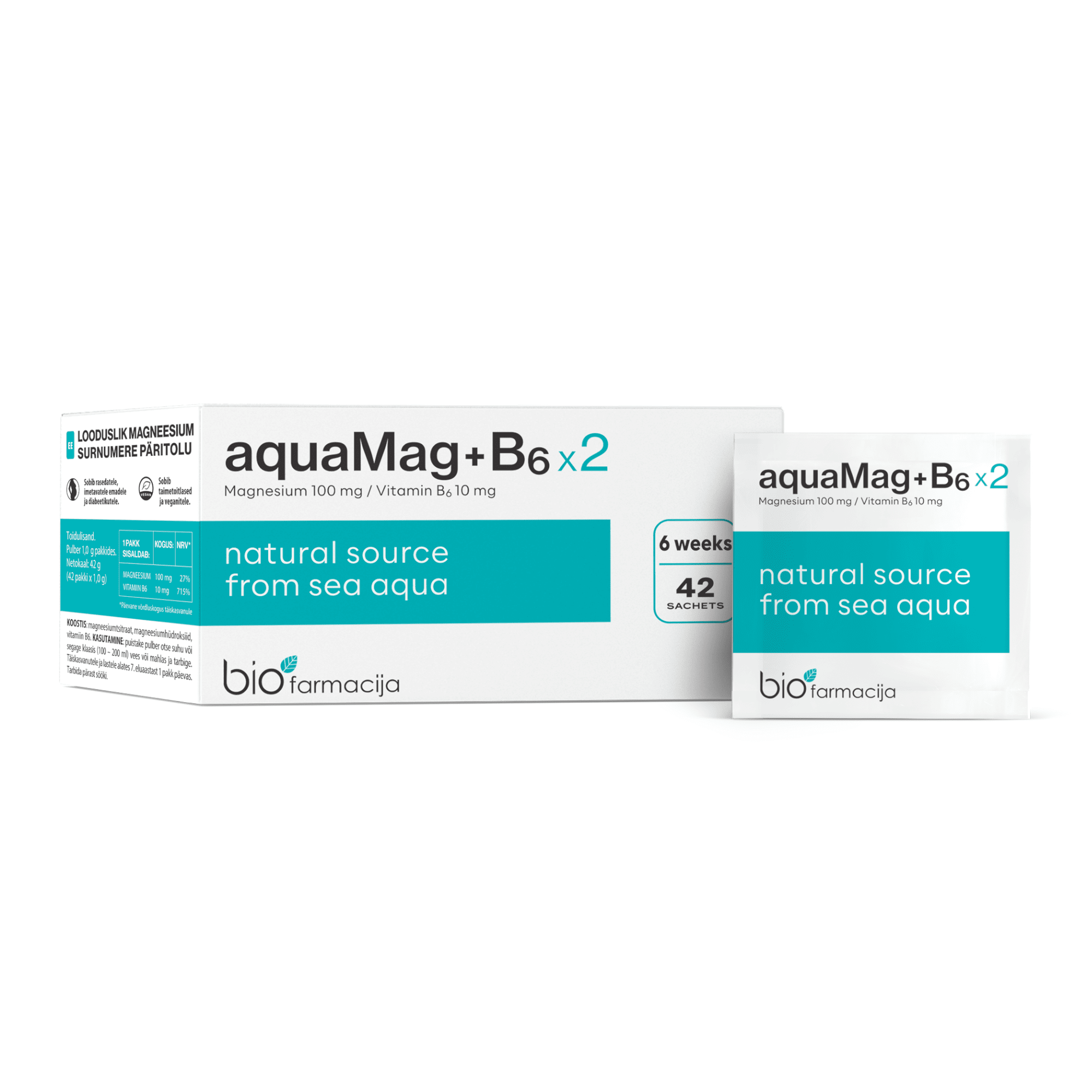 aquaMag+B6 x2 Magnesium 100 mg / Vitamin B6 10 mg milteliai pakeliuose N42 aquaMag+B6 x2 Magnesium 100 mg / Vitamin B6 10 mg milteliai pakeliuose N42