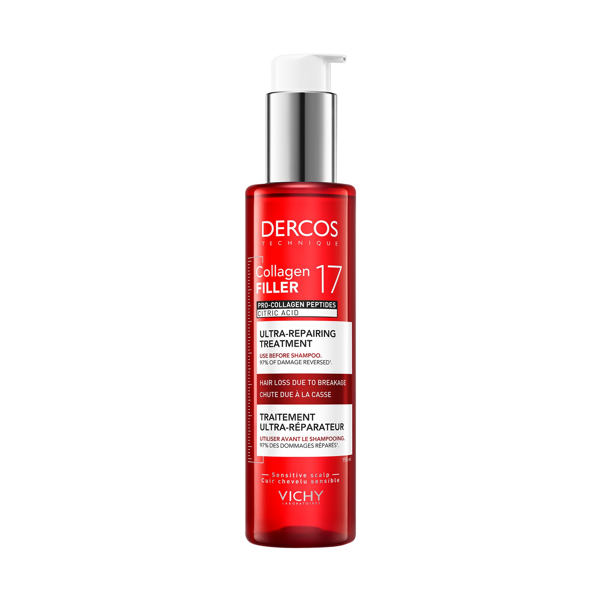 VICHY intensyvaus poveikio koncentratas prieš šampūną - dėl lūžinėjimo, slenkantiems plaukams DERCOS COLLAGEN 17 FILLER, 150 ml