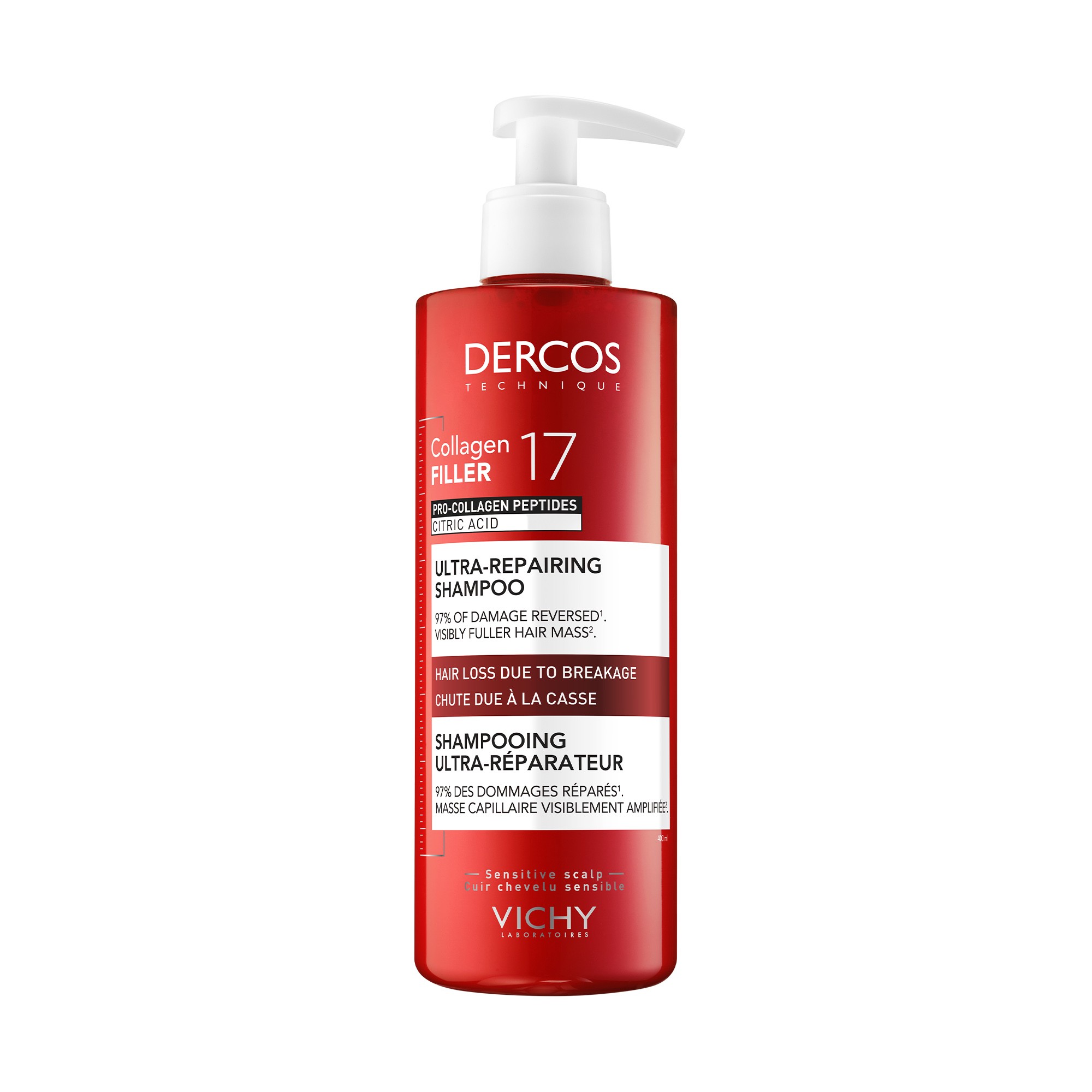 VICHY intensyvaus poveikios gaivinamasis šampūnas DERCOS COLLAGEN 17 FILLER, 400 ml
