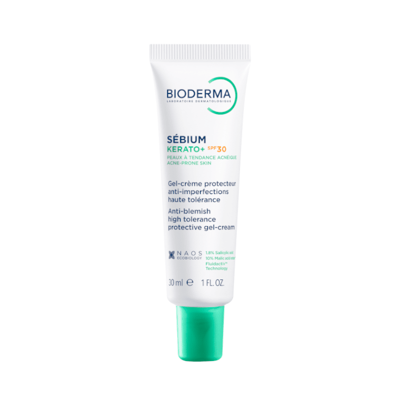 BIODERMA aukštos tolerancijos gelis-kremas nuo spuogų į aknę linkusiai odai, SÉBIUM KERATO+ SPF30, 30 ml